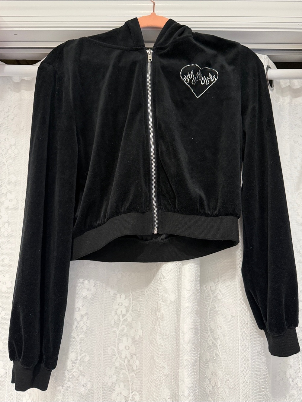 Black Velour Cropped Zip-Up Hoodie